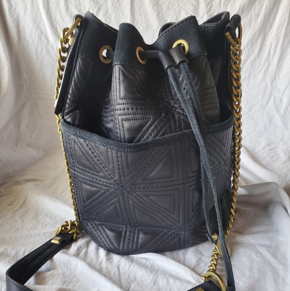 Rachel Roy & Jessica Stam Navy Leather Bucket Bag with Bronze-Gold - Picture 2 of 11